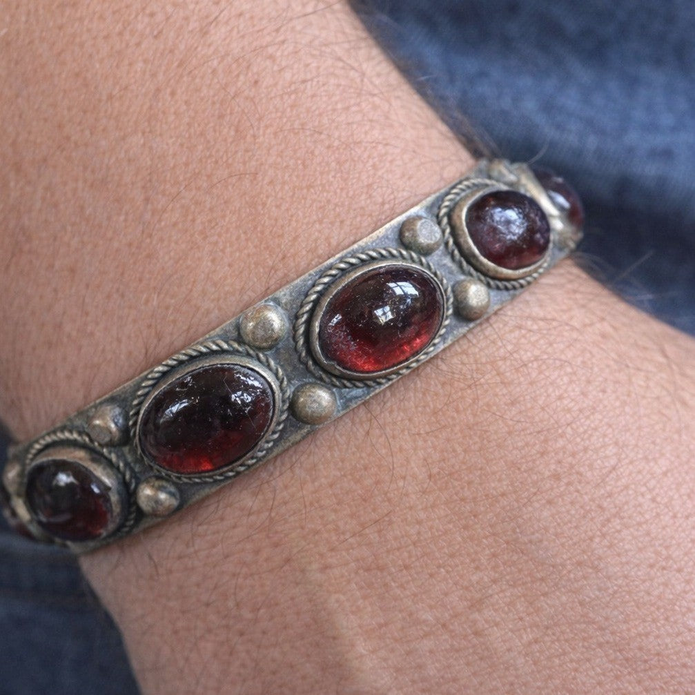 Vintage Red Cabochon Cuff Bracelet Silver Tone Boho