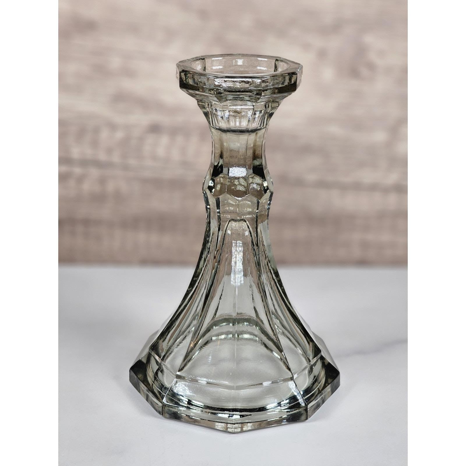Vintage Fostoria Smokey Glass Candle Holder Faceted 6 Inch USA