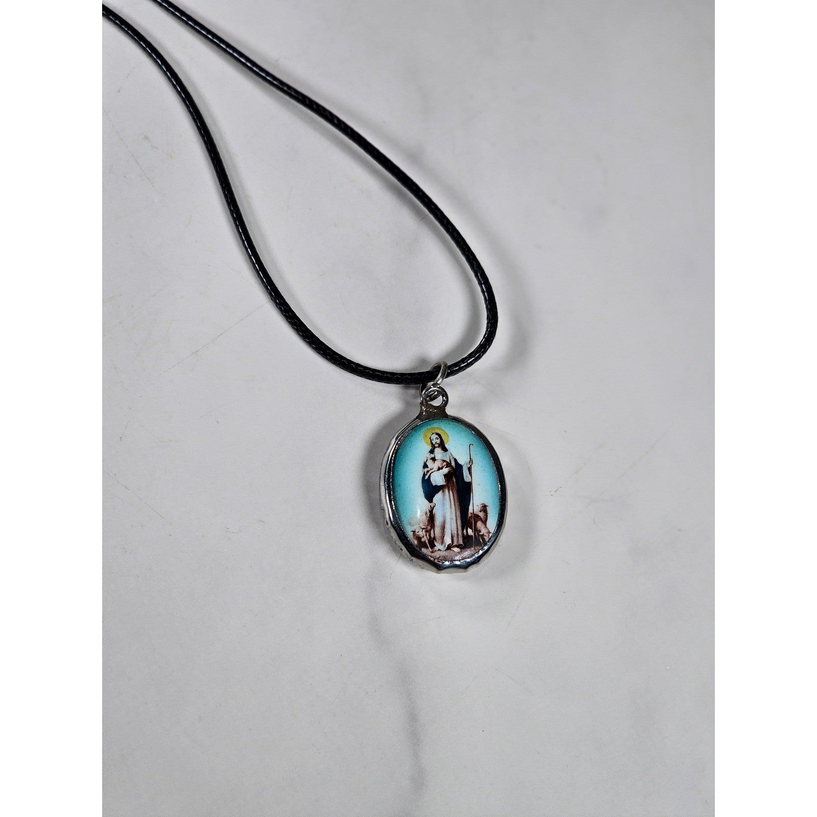Vintage Religious Shepherd Pendant Aqua Blue Medallion