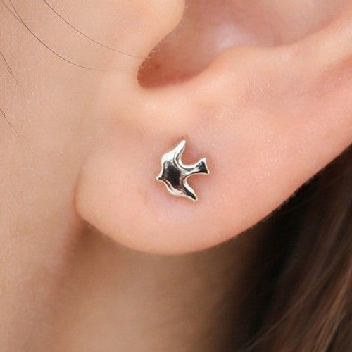 Vintage Silver Tone Bird Stud Earrings Small Swallow Post Pair