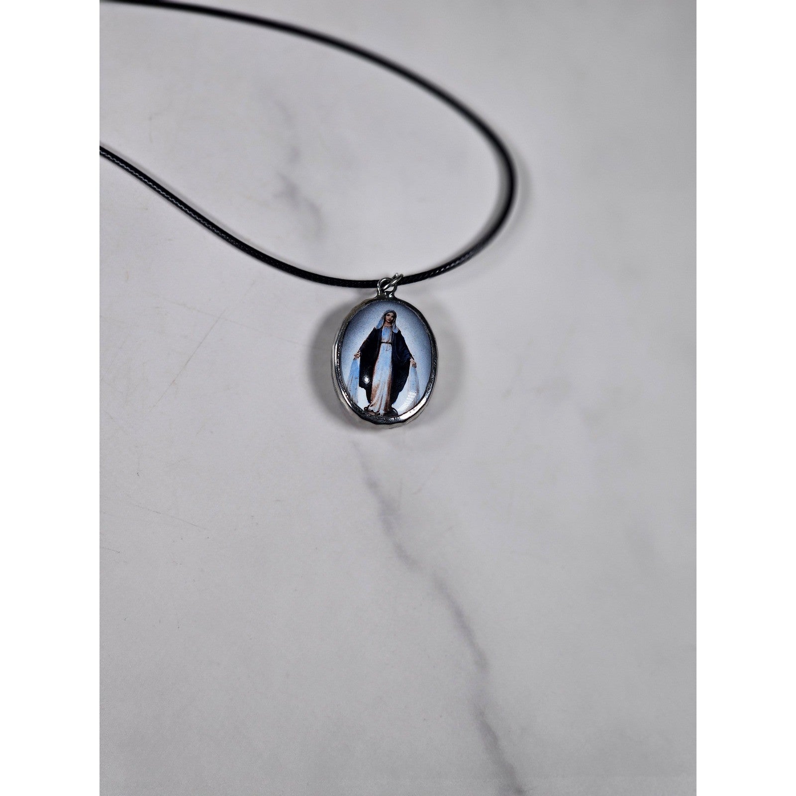 Vintage Madonna Pendant Necklace Oval Religious Medallion