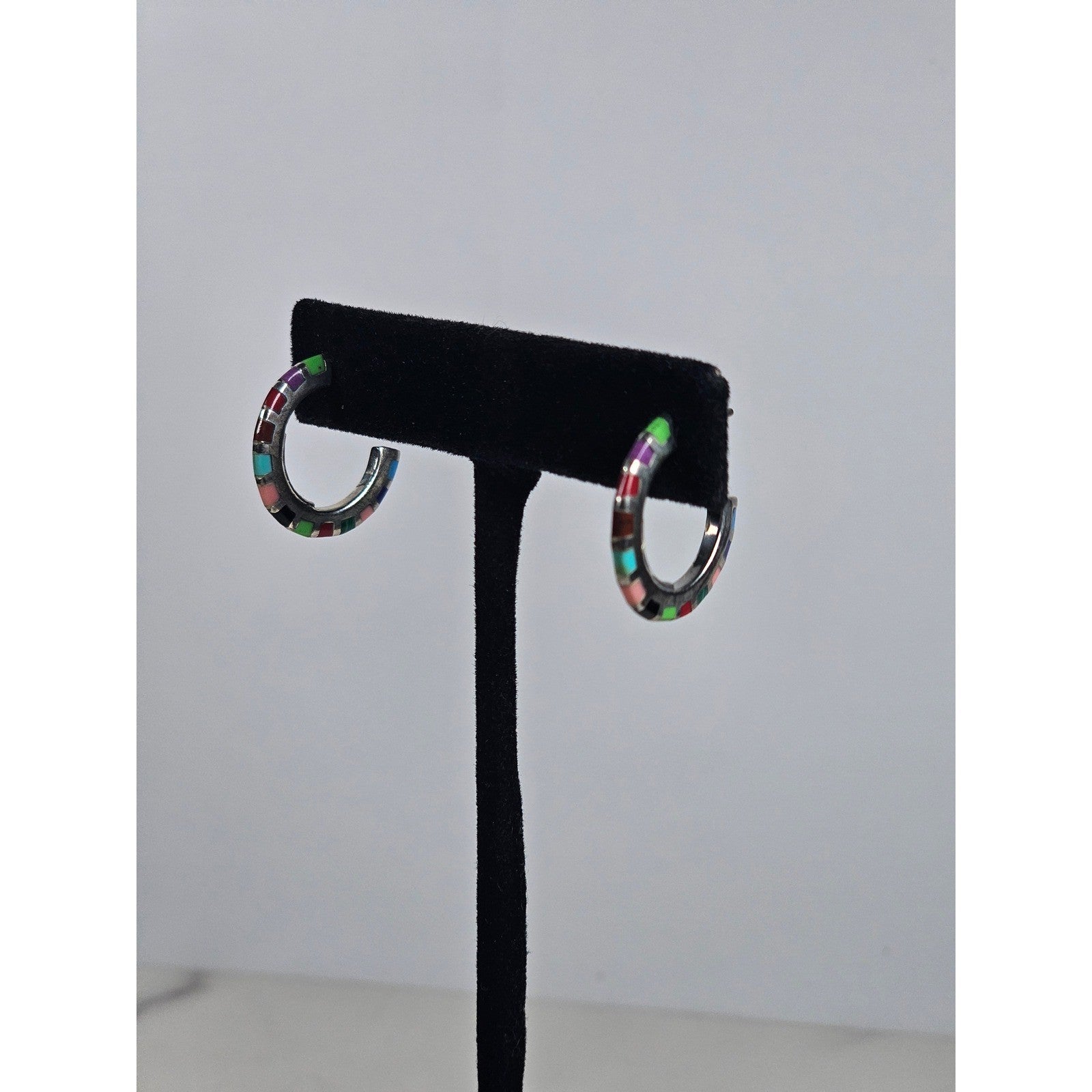 Vintage Sterling Silver Multicolor Inlay Hoop Earrings .925