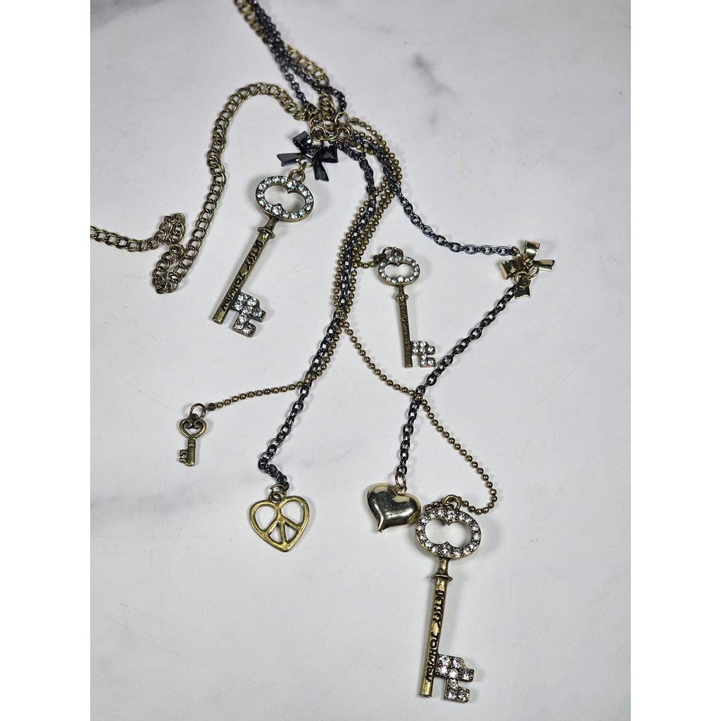 Betsey Johnson Vintage Charm Necklace Key Pendants Long Layered Statement
