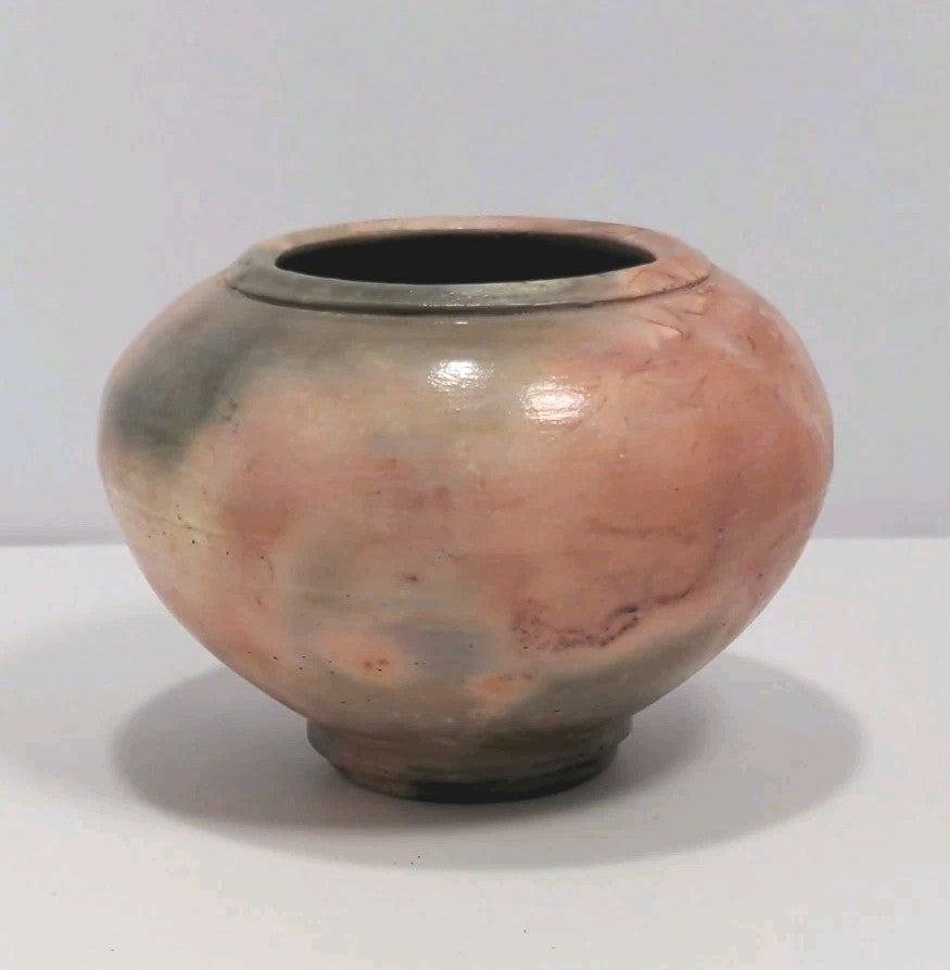 Handmade 3" X 4" Round Glazed Pottery Vase With Unique Stamped Base & Pink/Gray