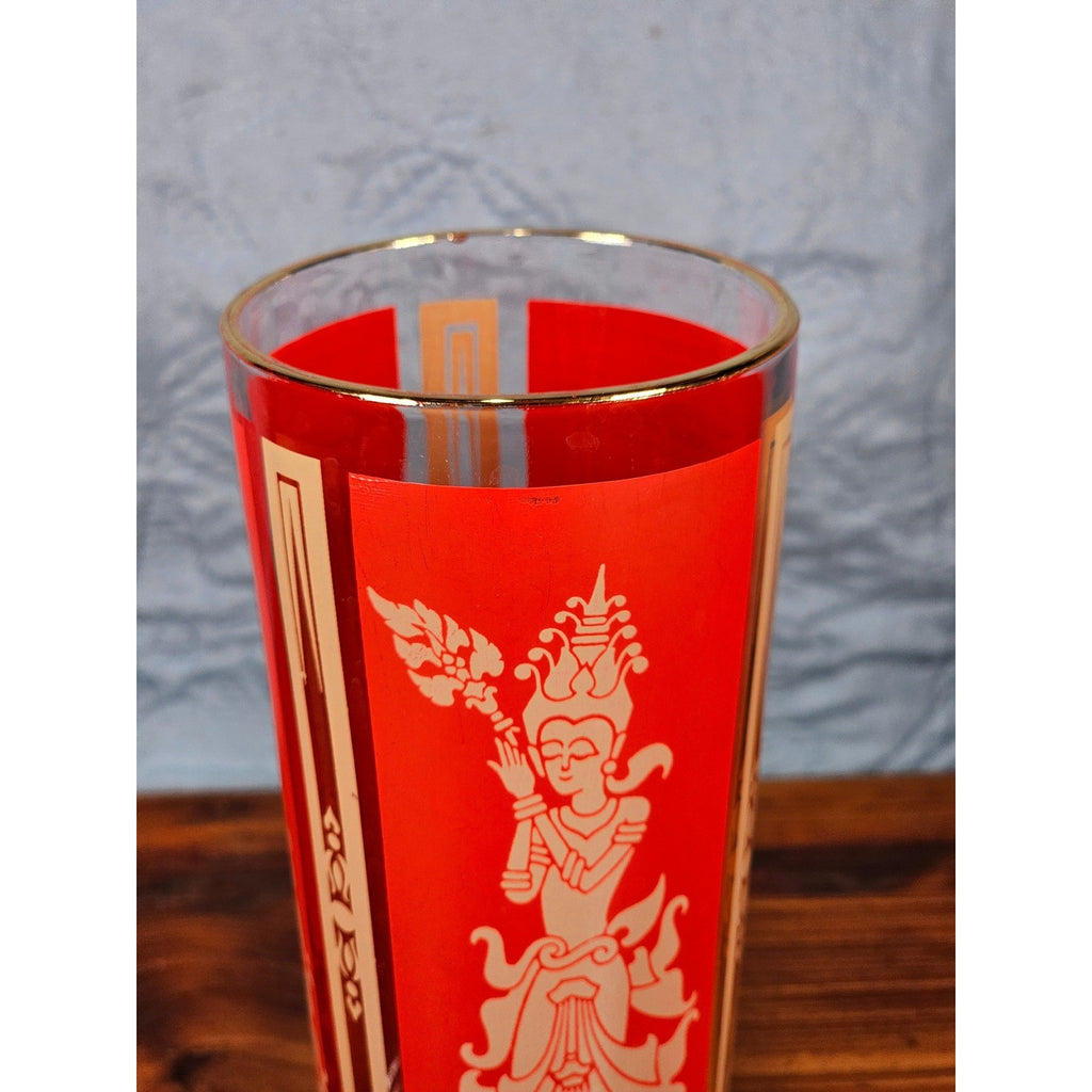 Vintage Culver Thai Goddess Highball Glass | Red & 22K Gold Barware