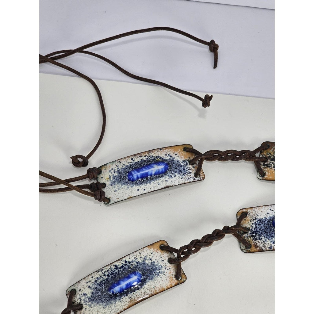 Vintage Leather Tie Belt Enamel Feather Boho Braided