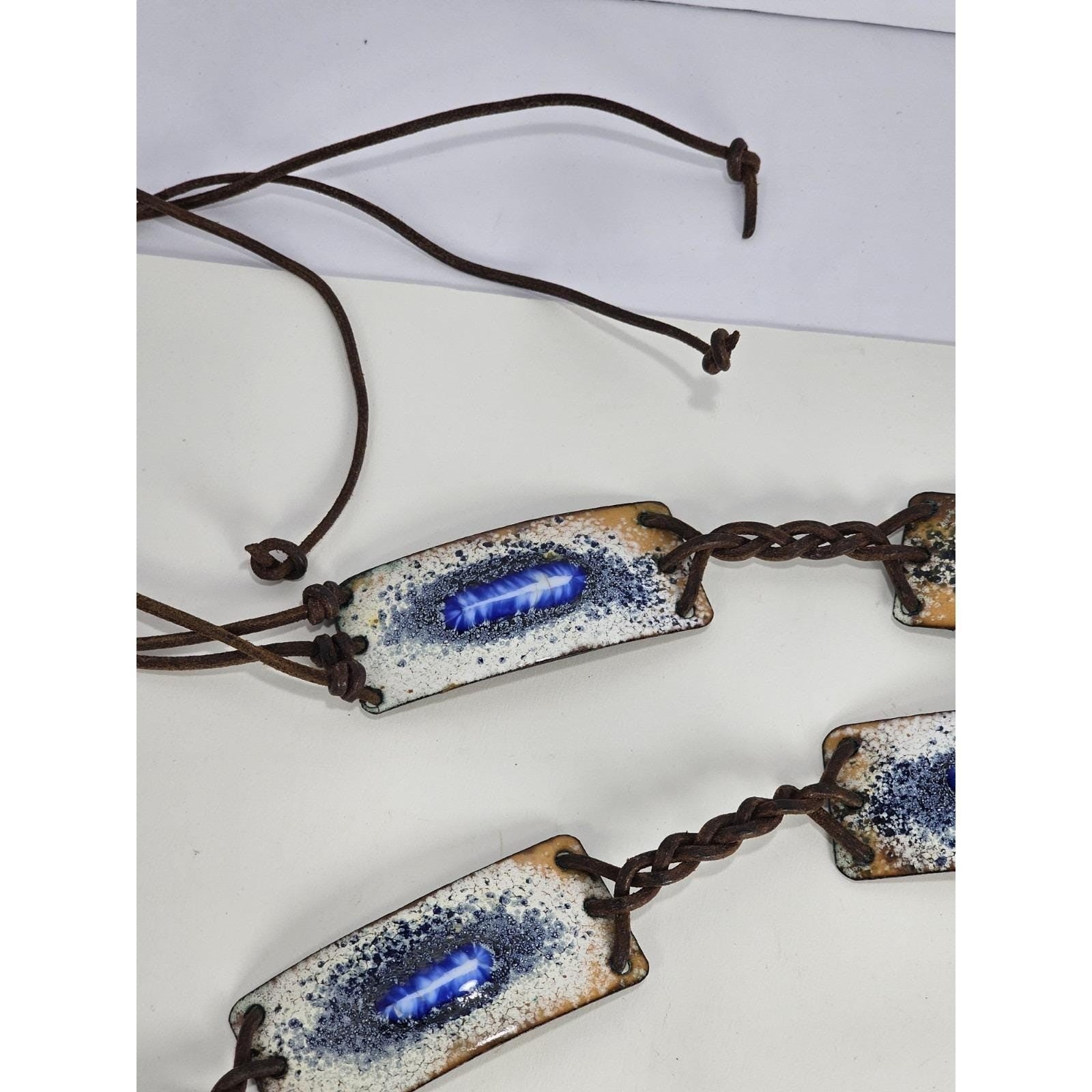 Vintage Leather Tie Belt Enamel Feather Boho Braided
