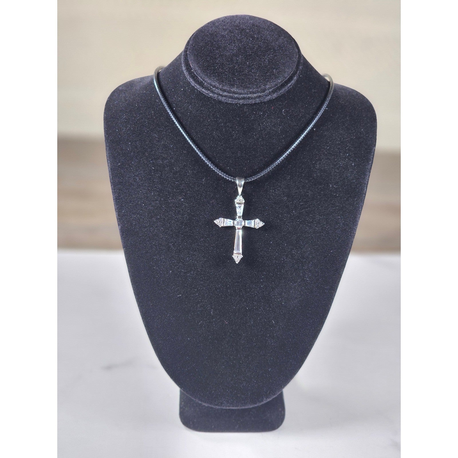 Vintage Sterling Silver Cross Necklace with CZ Stones Pendant