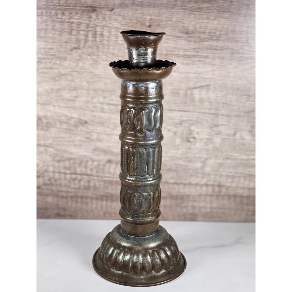 Antique Tinned Copper Candlestick Holder 12" Embossed Design