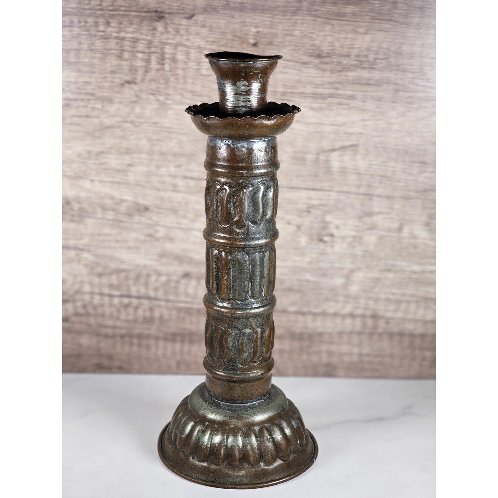 Antique Tinned Copper Candlestick Holder 12" Embossed Design