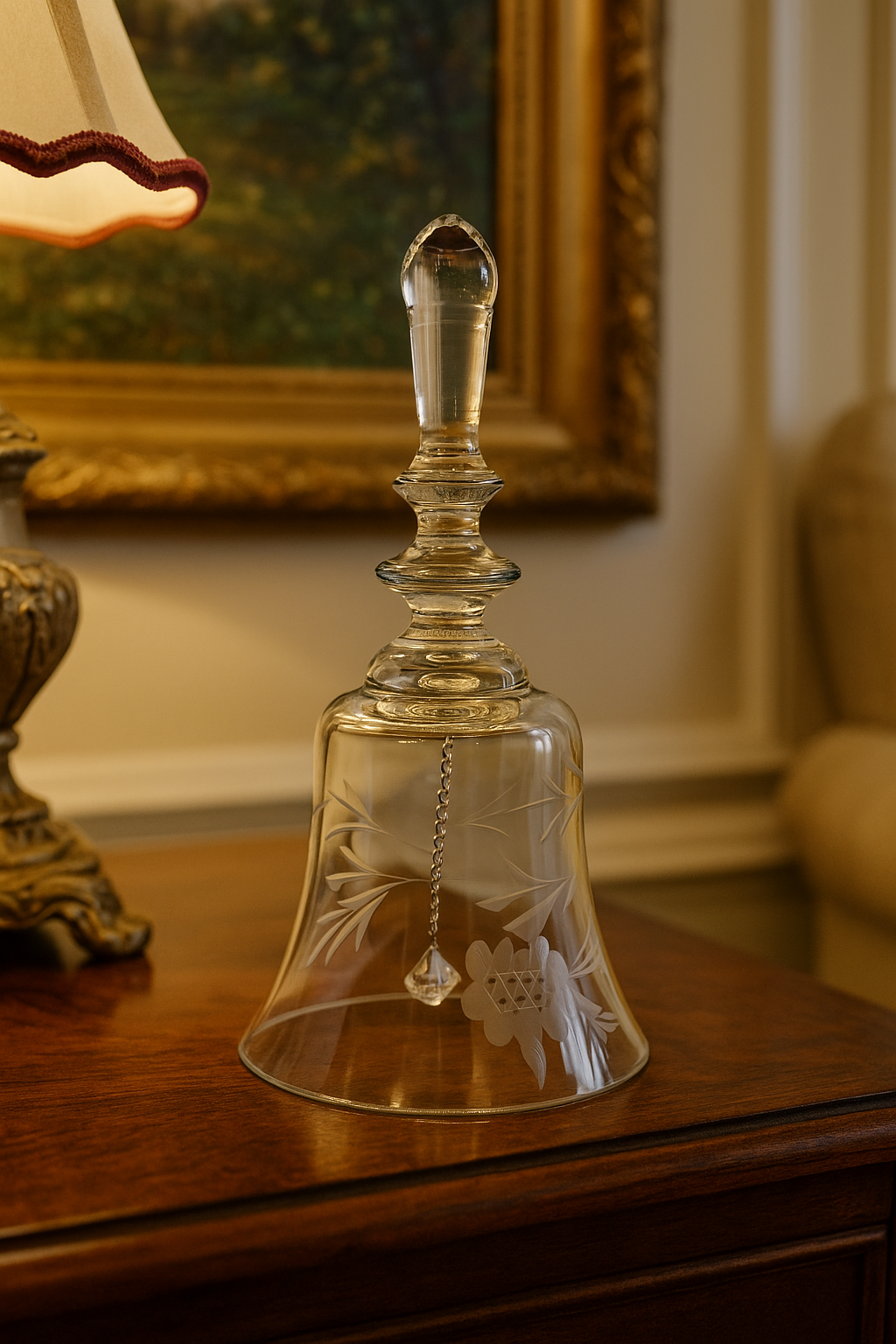 Crystal Clear Etched Glass Bell Vintage Floral Decor Rustic Table Accent