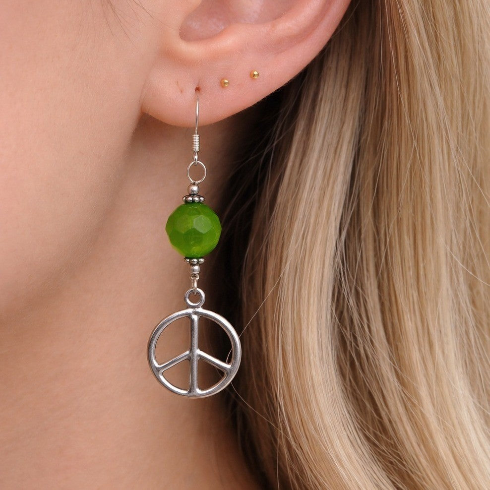 Vintage .925 Sterling Silver Peace Sign Dangle Earrings with Green Beads