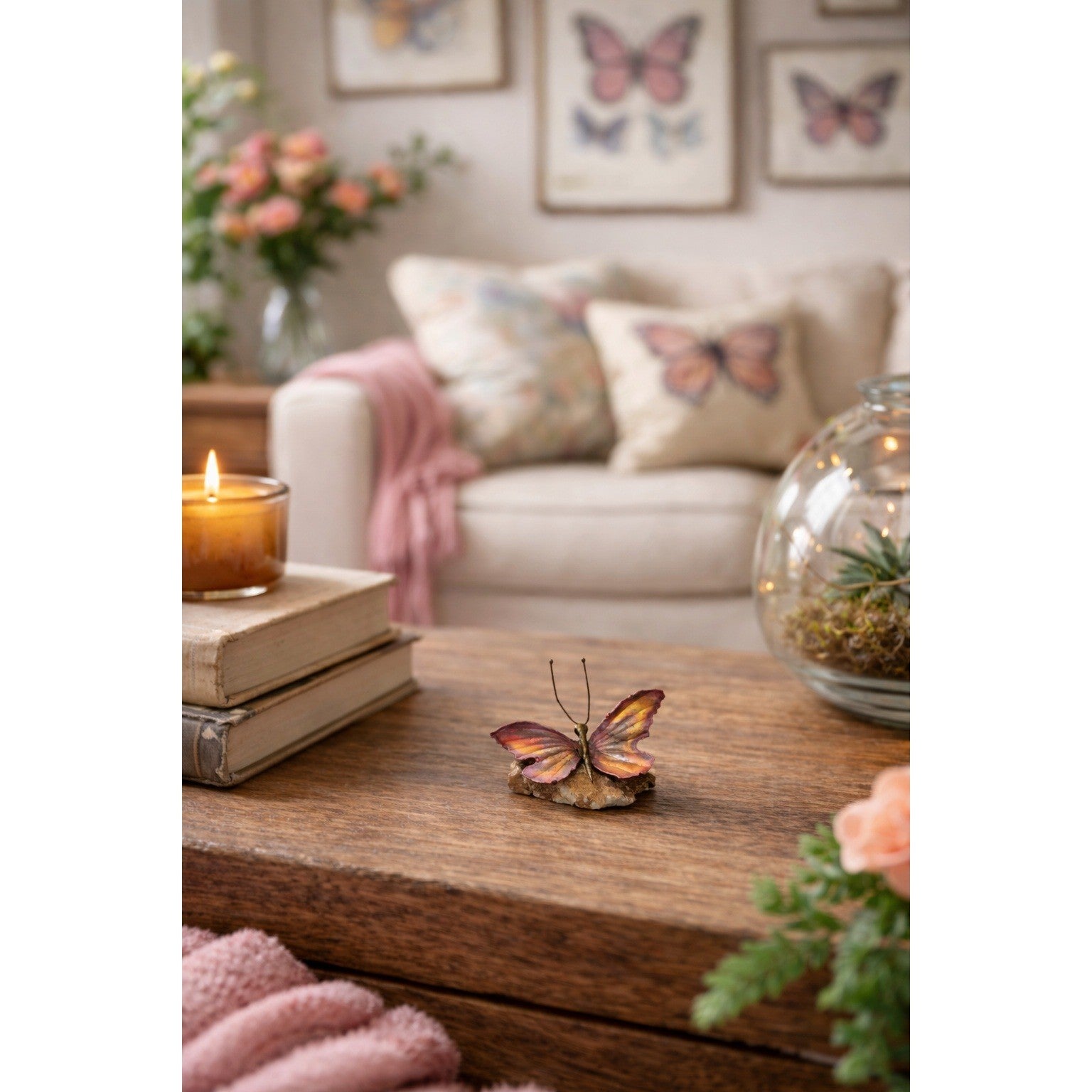 Vintage Metal Butterfly on Quartz Crystal Geode Sculpture Decor