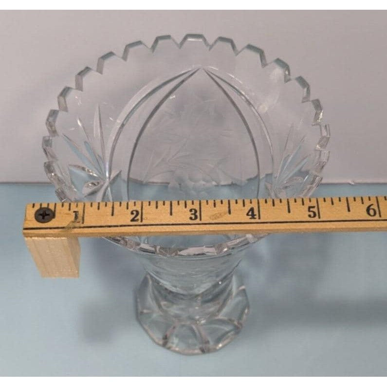 Vintage Cut Crystal Trumpet Vase Starburst Pedestal Vase 7.5 Inch
