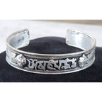 Vintage Silver Tone Cuff Bracelet Script Panel Leaf Accents