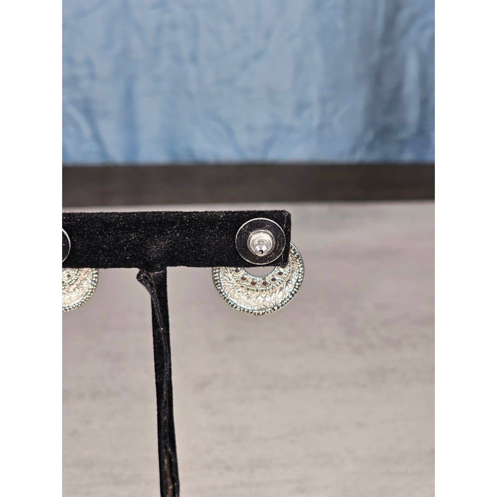 Vintage Silver-Tone Swirl Circle Stud Earrings with Rhinestone Accent