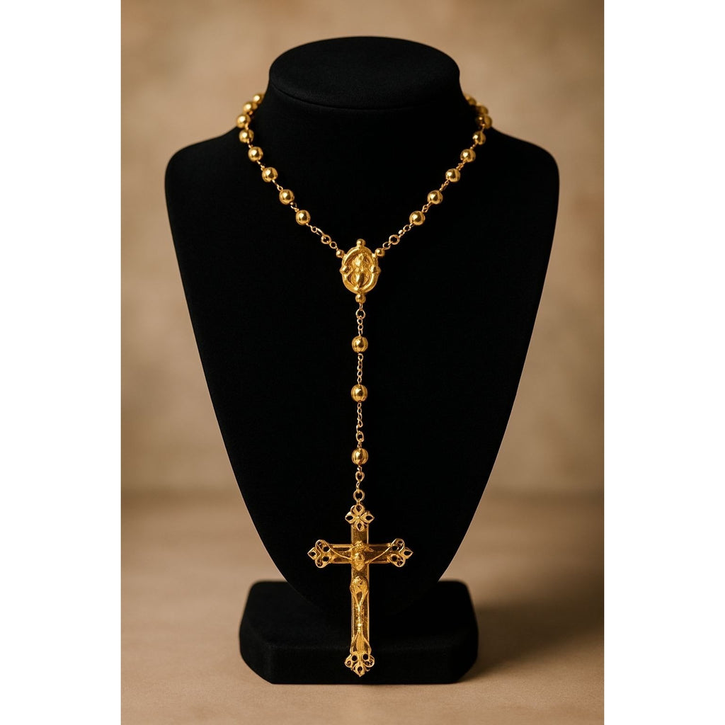 22kt Gold Cross Center Over Silver Rosary Necklace Miraculous Medal Religious