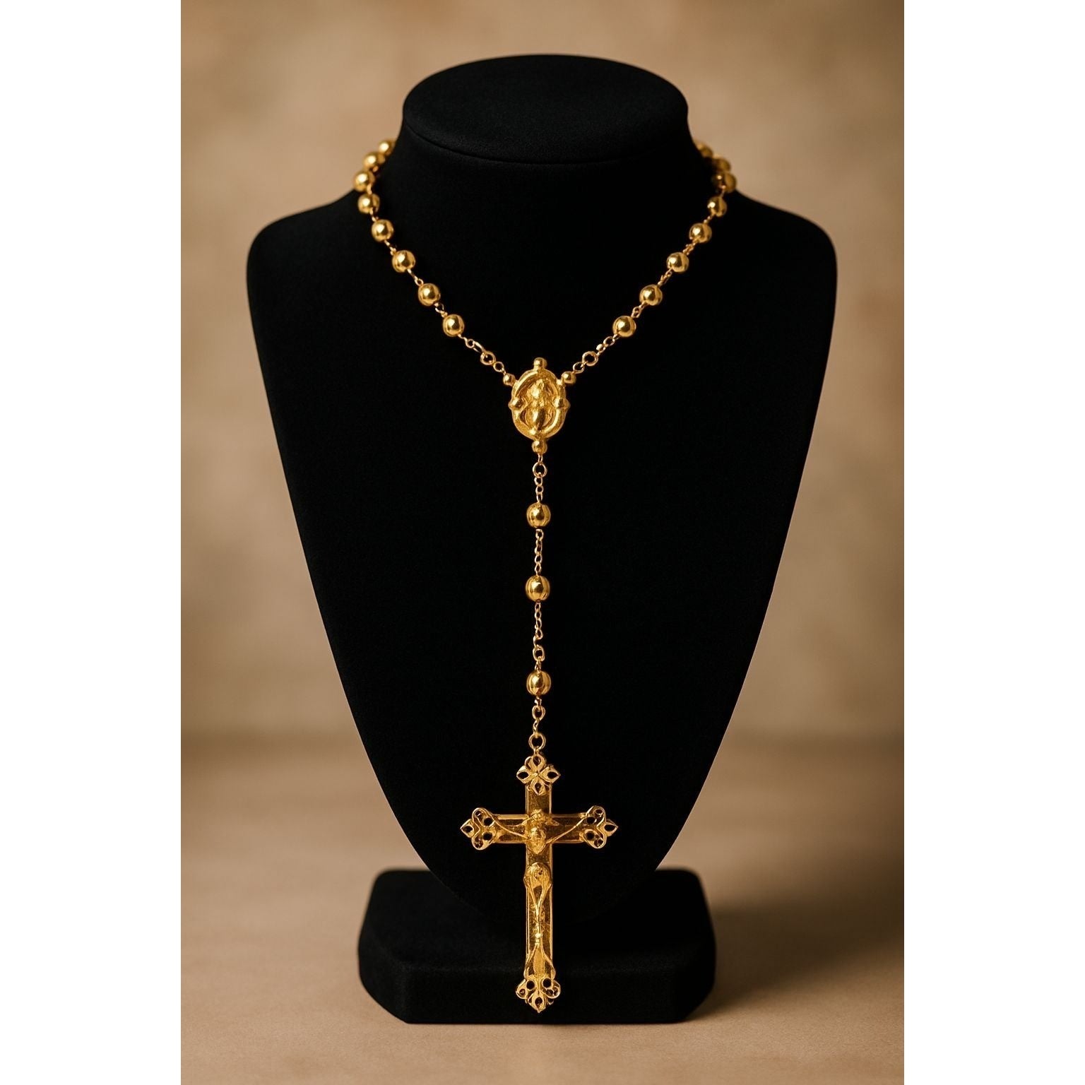 22kt Gold Cross Center Over Silver Rosary Necklace Miraculous Medal Religious
