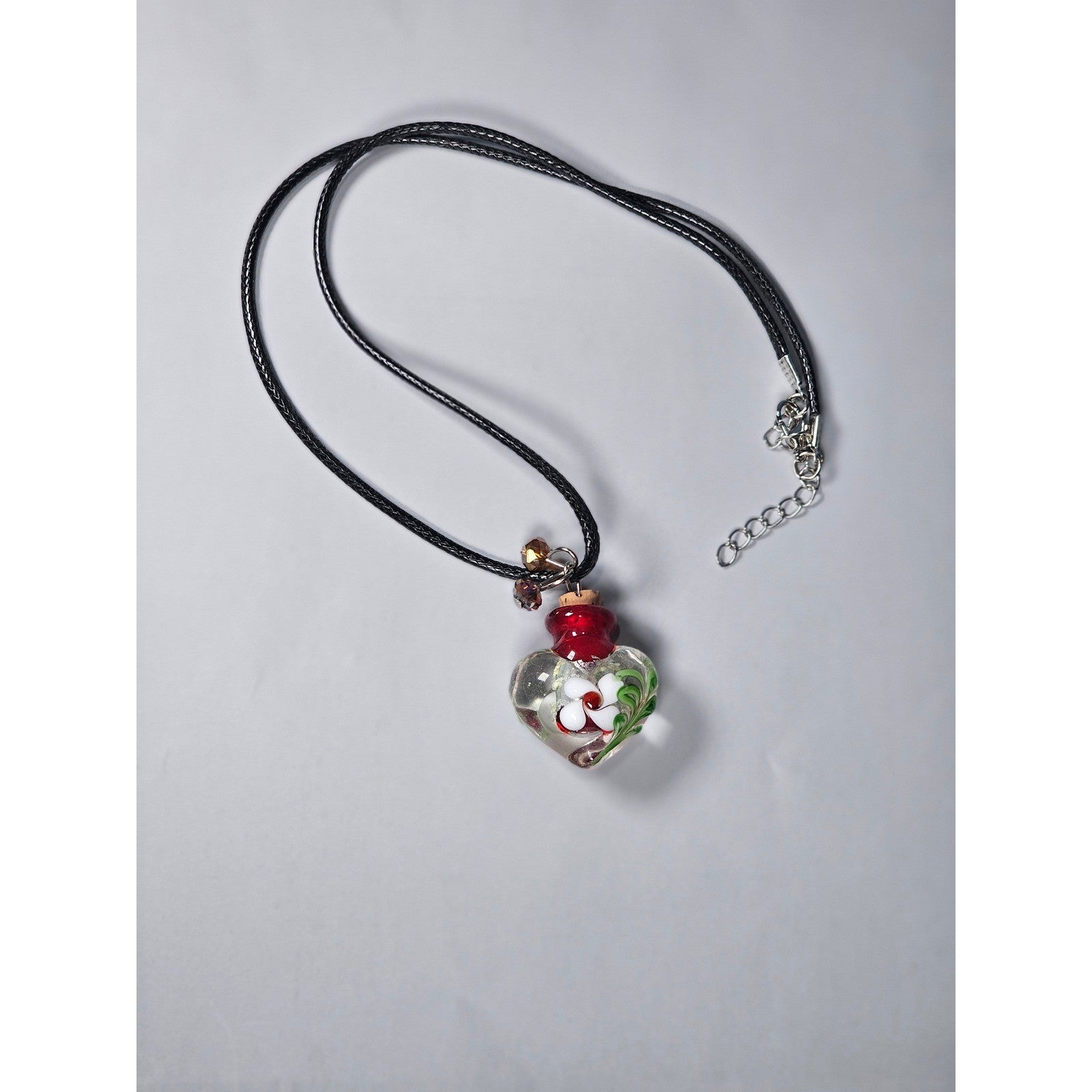 Vintage Handblown Glass Heart Bottle Pendant Necklace with Cork Stopper