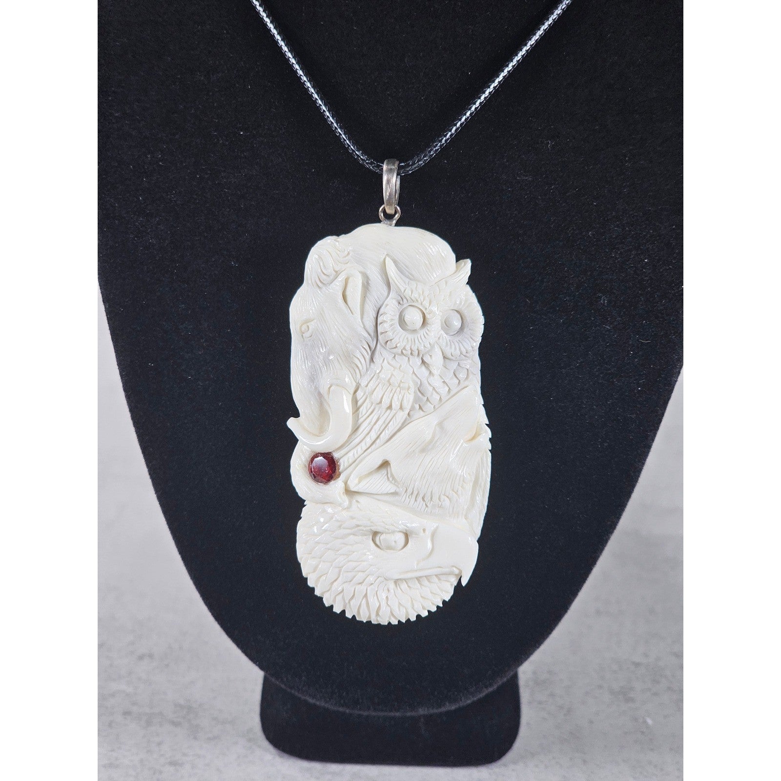 Vintage Carved Pendant Necklace Owl Elephant Red Accent