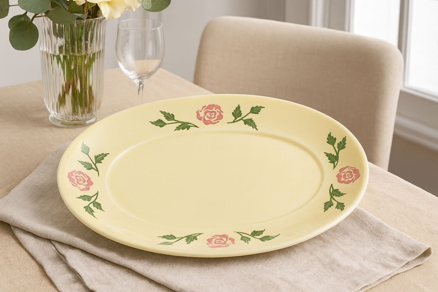 Vintage Oval Yellow Platter With Pink Rosebud & Green Leaf Design 16" x 12"