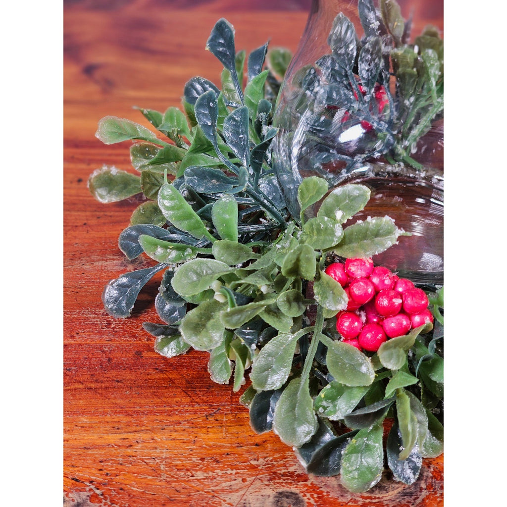Glass Hurricane Candle Holder with Faux Greenery Ring, 6" Tall Table Decor