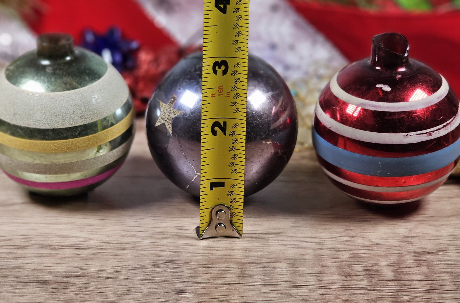 Set of 3 70s Vgt Hand Blown Glass Christmas Ornaments Strips and Stars