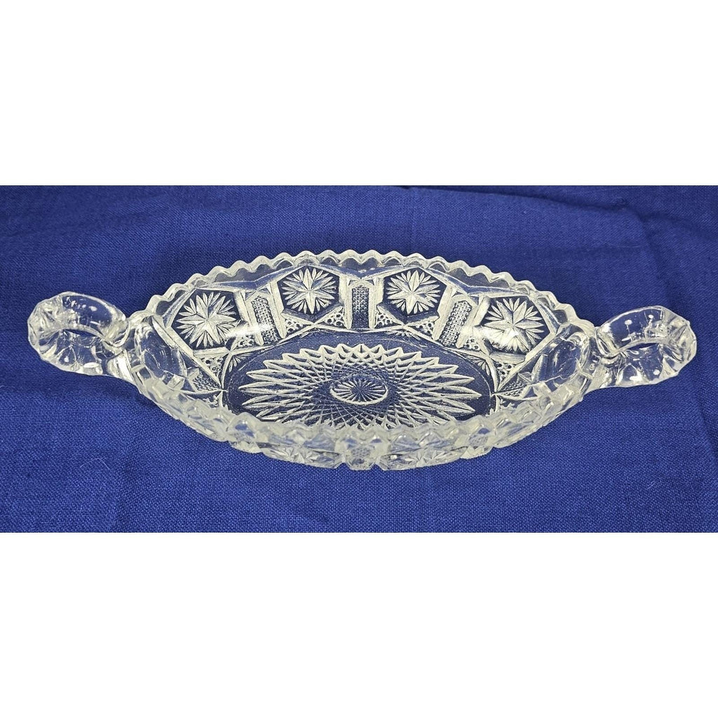 Cut Glass Candy Dish Starburst Pattern Handled Vintage