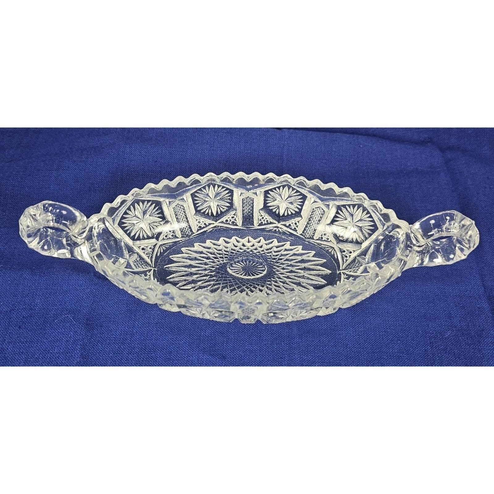 Cut Glass Candy Dish Starburst Pattern Handled Vintage