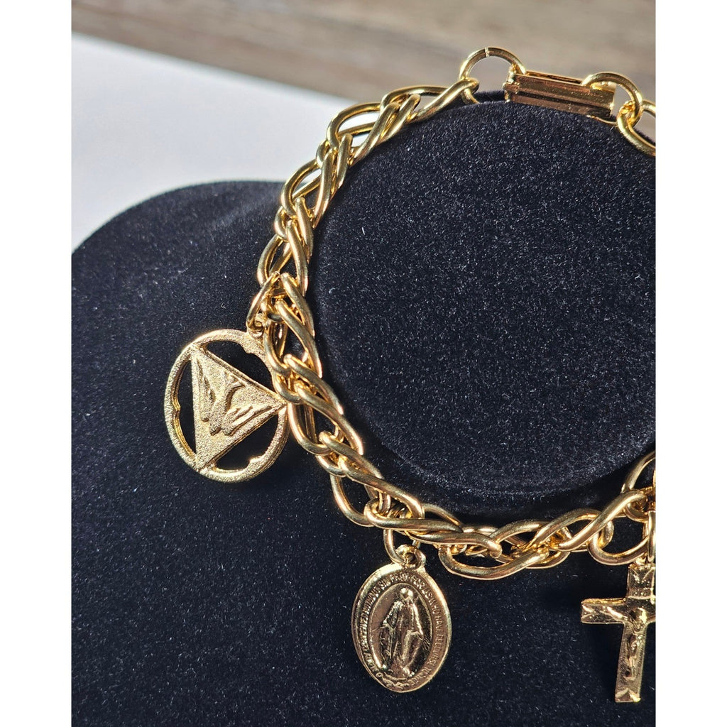 Vintage Gold Tone Religious Charm Bracelet Cross Medal Coin