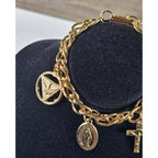 Vintage Gold Tone Religious Charm Bracelet Cross Medal Coin