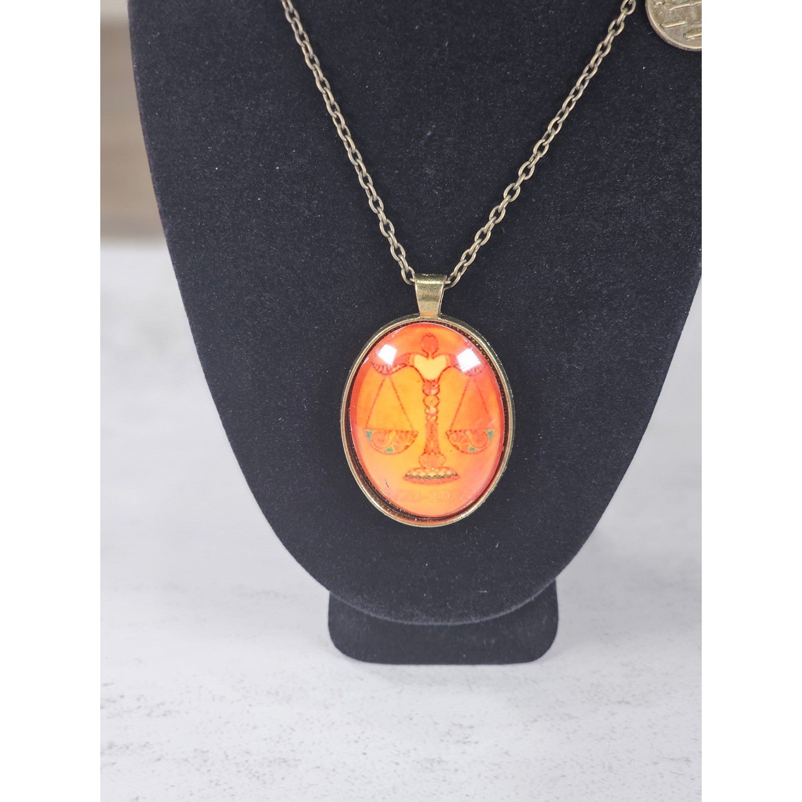 Vintage Libra Zodiac Pendant Necklace Orange Cabochon Charmine