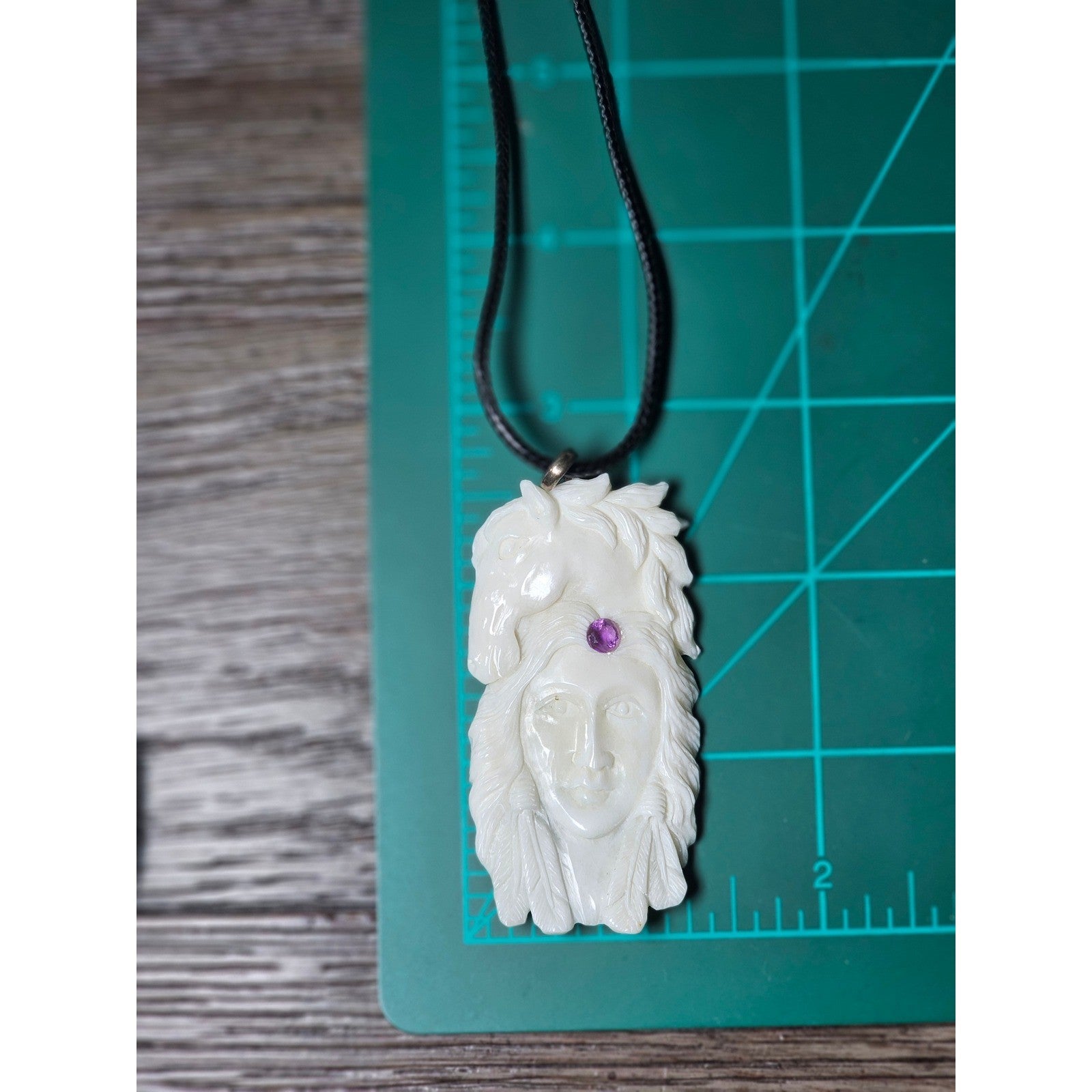 Vintage Buffalo Bone Carved Horse & Native American Figure Pendant Necklace