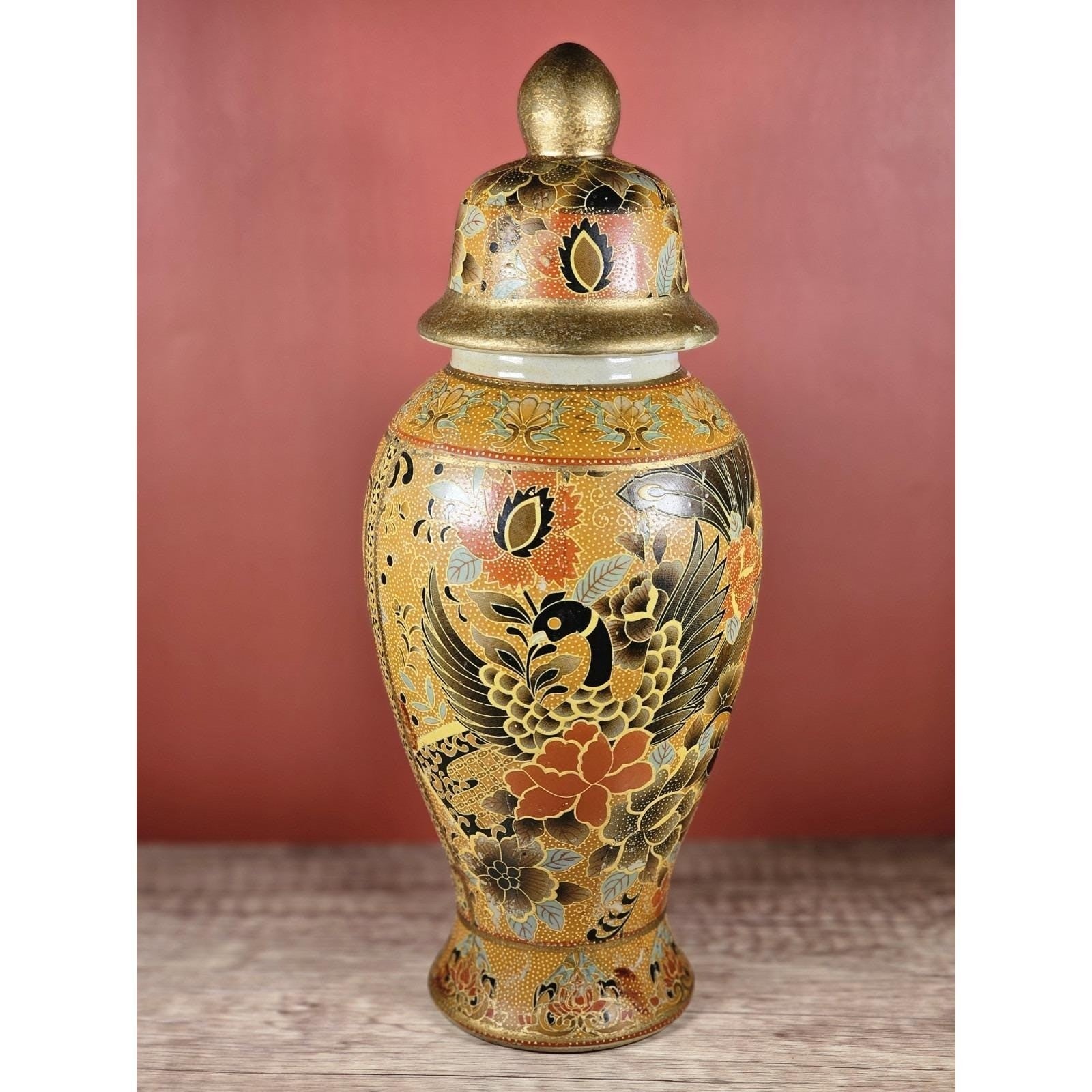Vintage 12" Chinese Enameled Pottery Vase With Lid & Feng Huang Bird Design