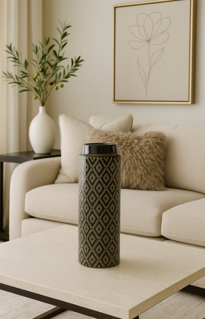 15½″ Black & White Diamond Pattern Glass Vase – Tall Statement Piece