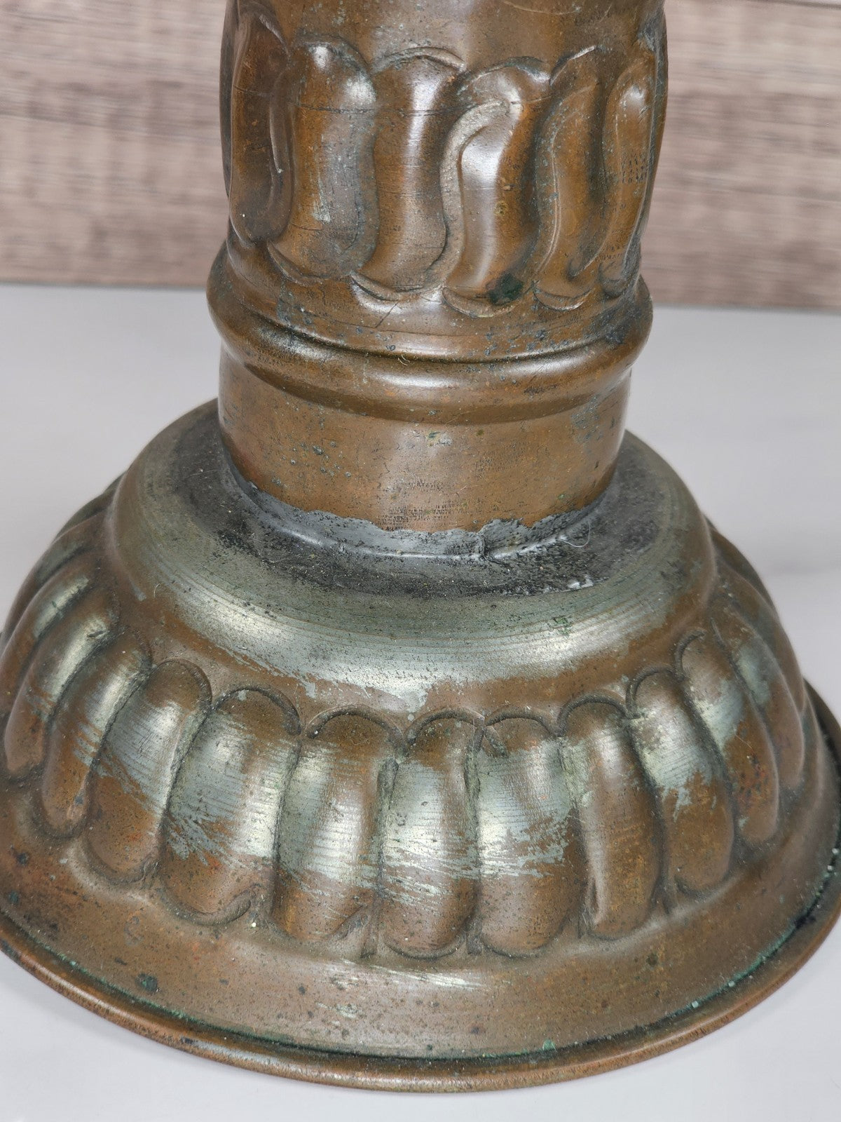 Antique Tinned Copper Candlestick Holder Ornate Embossed Design 12" Tall