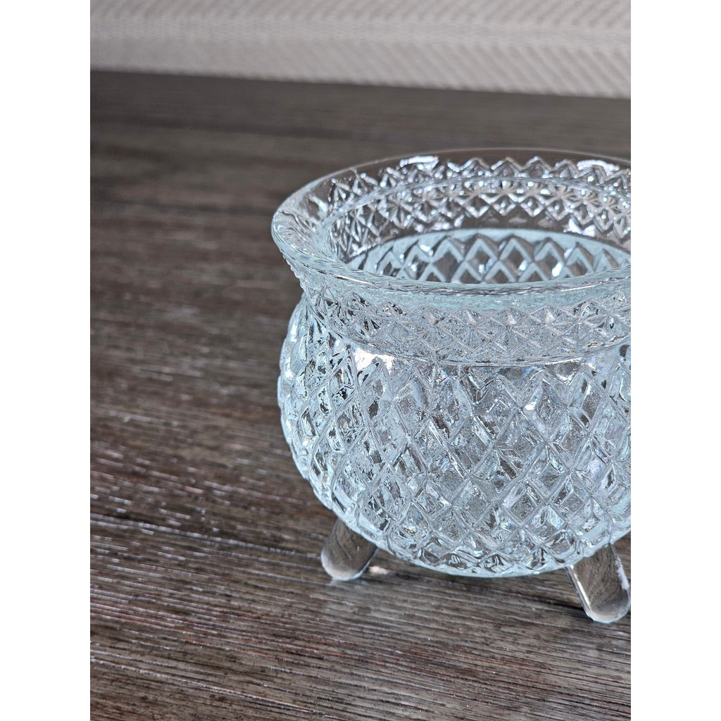Vintage Cut Glass Footed Bowl 3x3 Diamond Pattern Trinket Dish