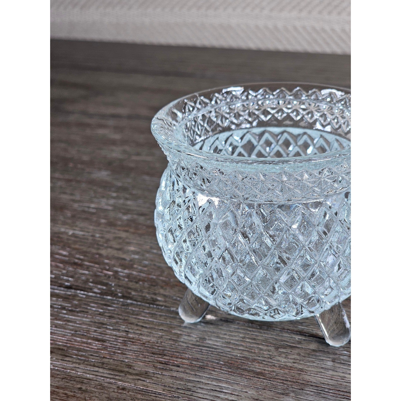 Vintage Cut Glass Footed Bowl 3x3 Diamond Pattern Trinket Dish