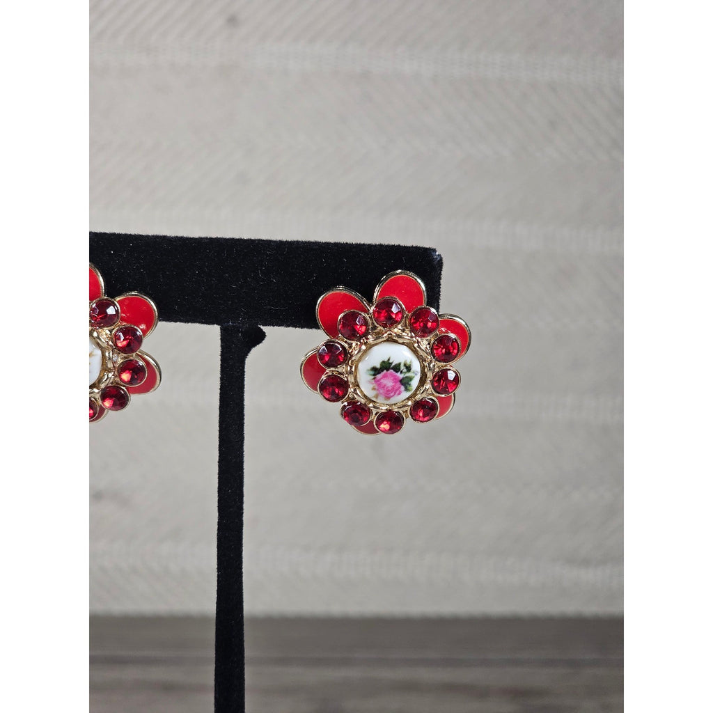 Vintage Red Floral Enamel Rhinestone Stud Earrings Gold Tone
