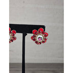 Vintage Red Floral Enamel Rhinestone Stud Earrings Gold Tone