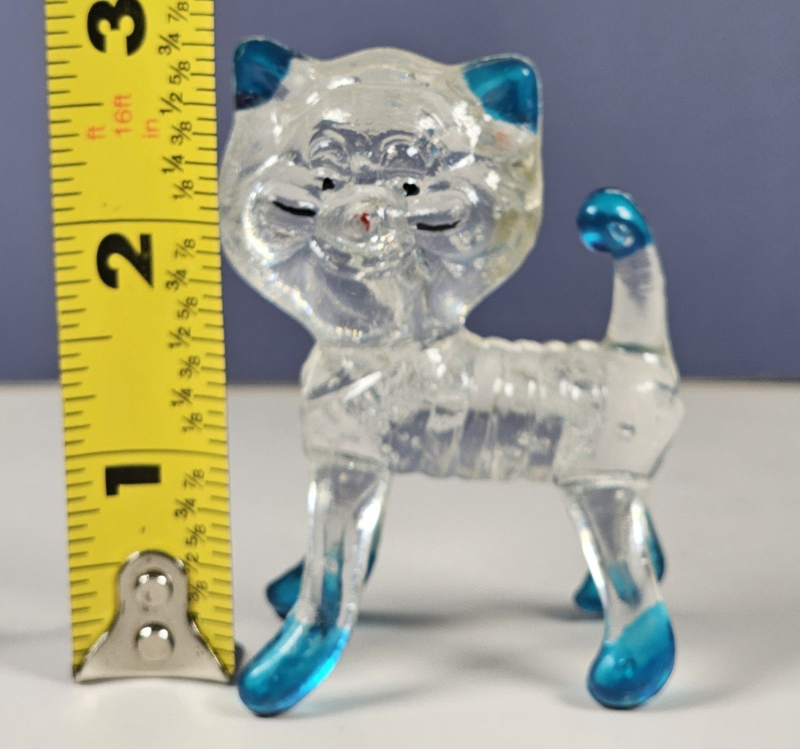 Vintage Collectible Clear Plastic Lucite Kitty Cat Figurine 1960s With Blue Acce