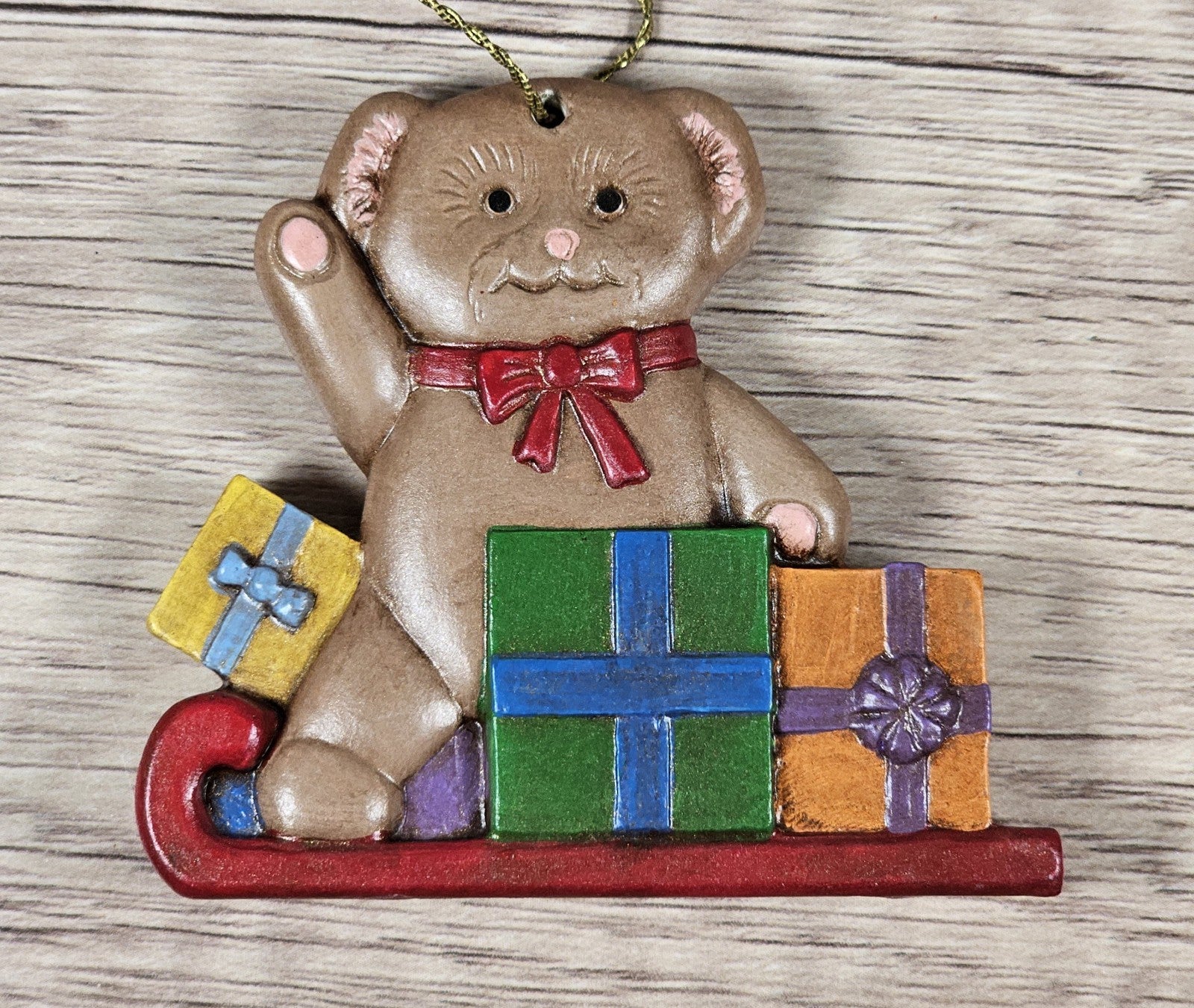 90s Vintage Ceramic 3" Teddy Bear Christmas Sleigh Presents Ornament