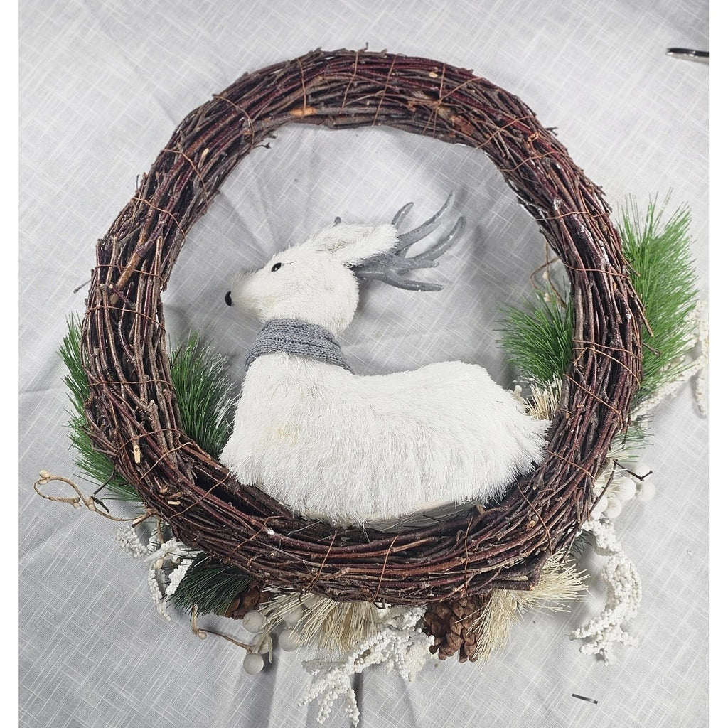 White Deer Christmas Wreath with Pinecones Greenery Snowflakes Rustic Holiday