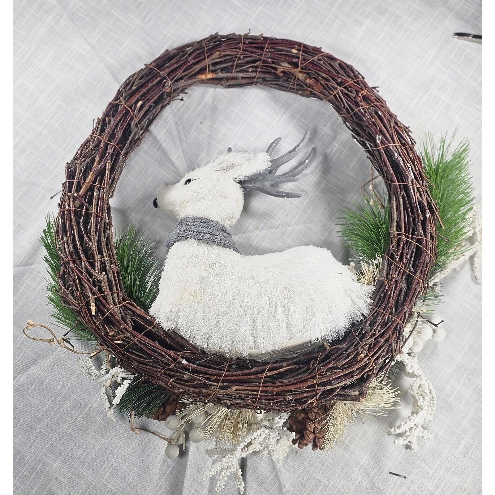 White Deer Christmas Wreath with Pinecones Greenery Snowflakes Rustic Holiday