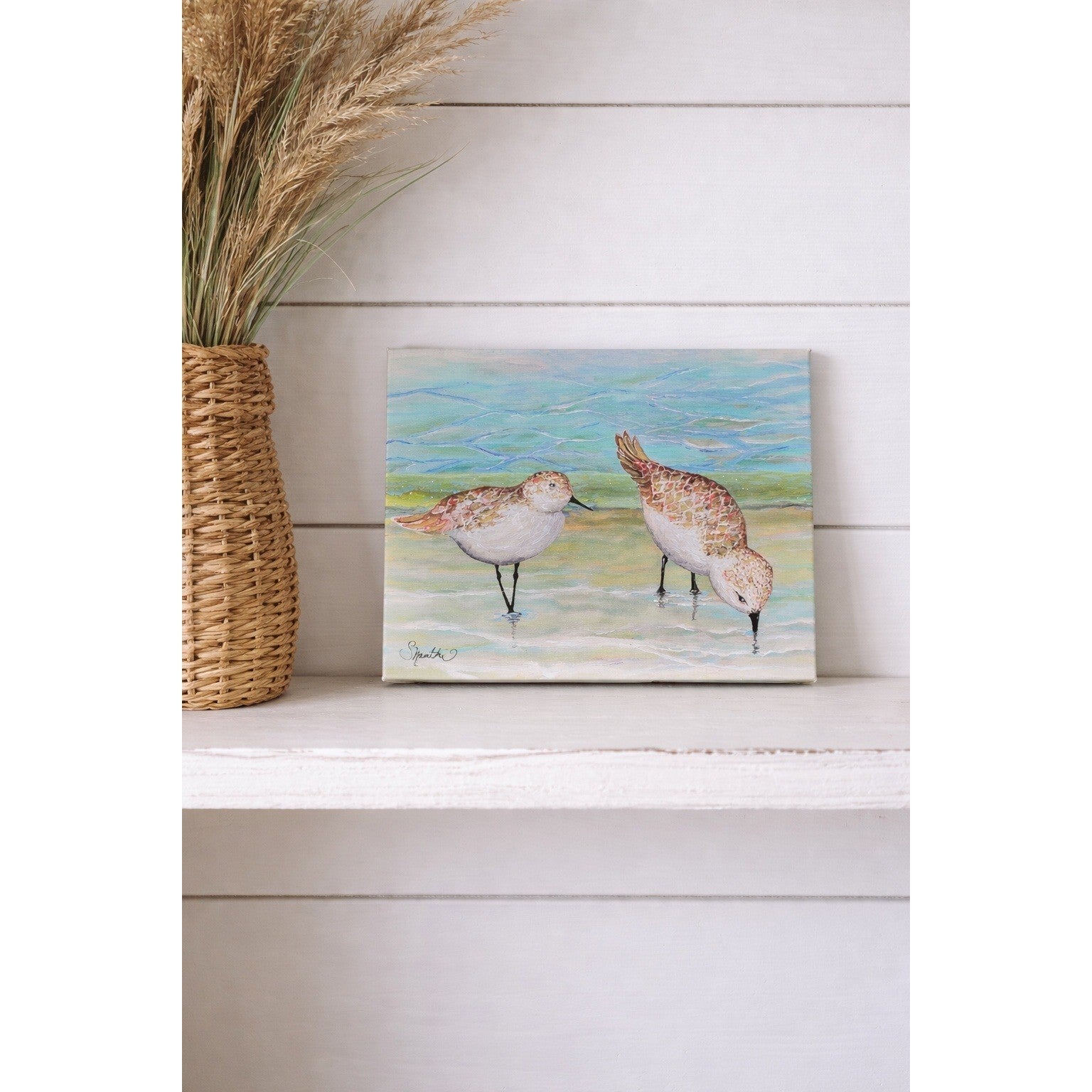 Original Coastal Sandpiper Acrylic Painting on Canvas Signed OOAK Wall Art