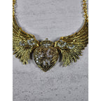 Vintage Gold Tone Winged Heart Rhinestone Statement Necklace