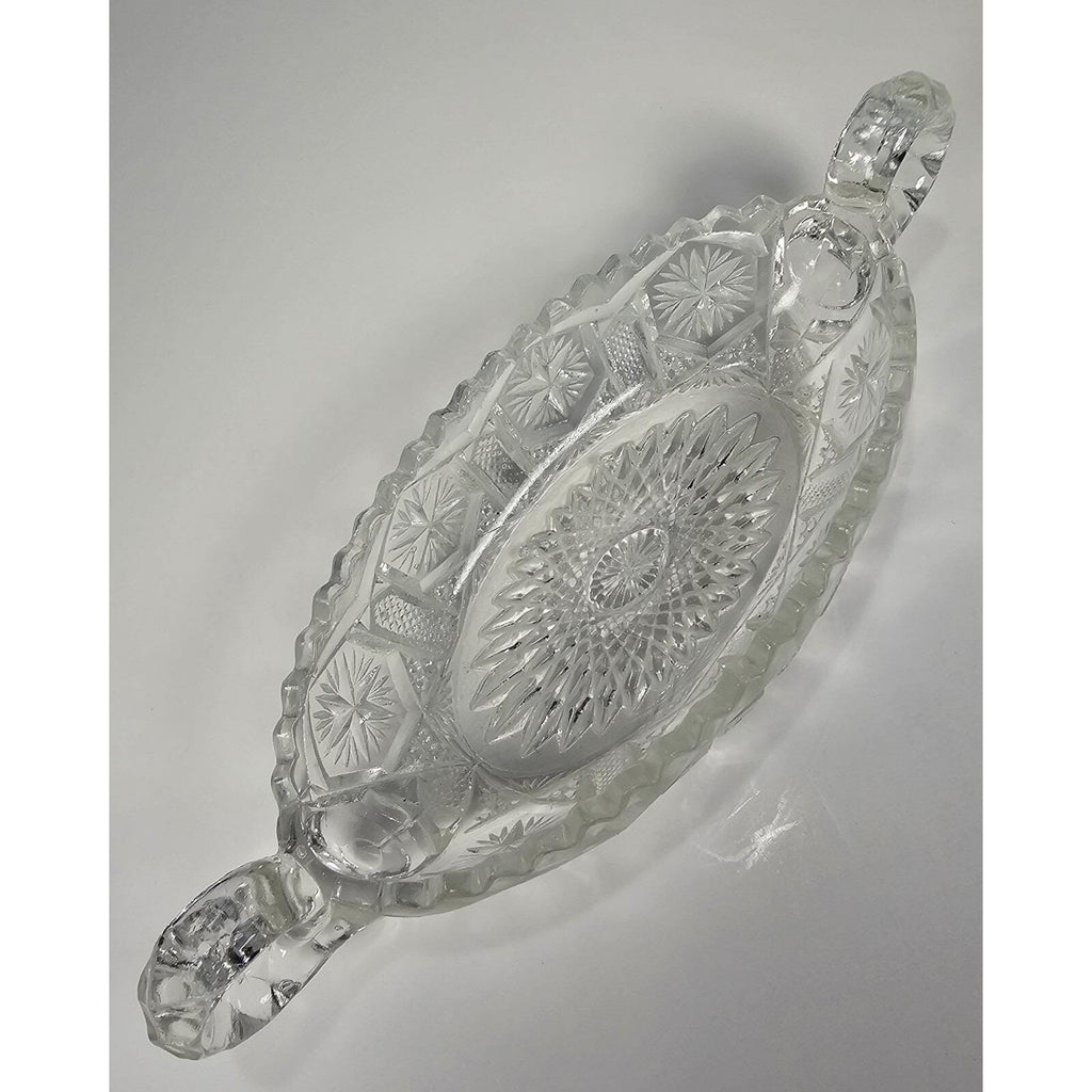 Cut Glass Candy Dish Starburst Pattern Handled Vintage