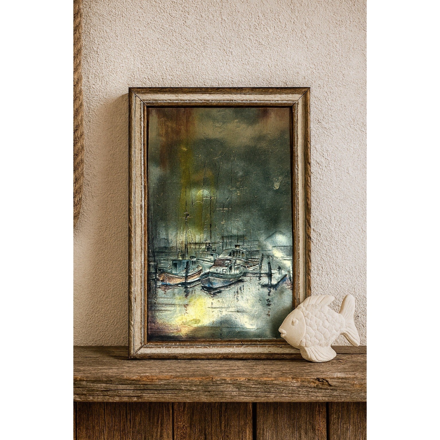 Vintage Framed Harbor Artwork – 9"x6" – Aged Patina – Nautical Wall Decor