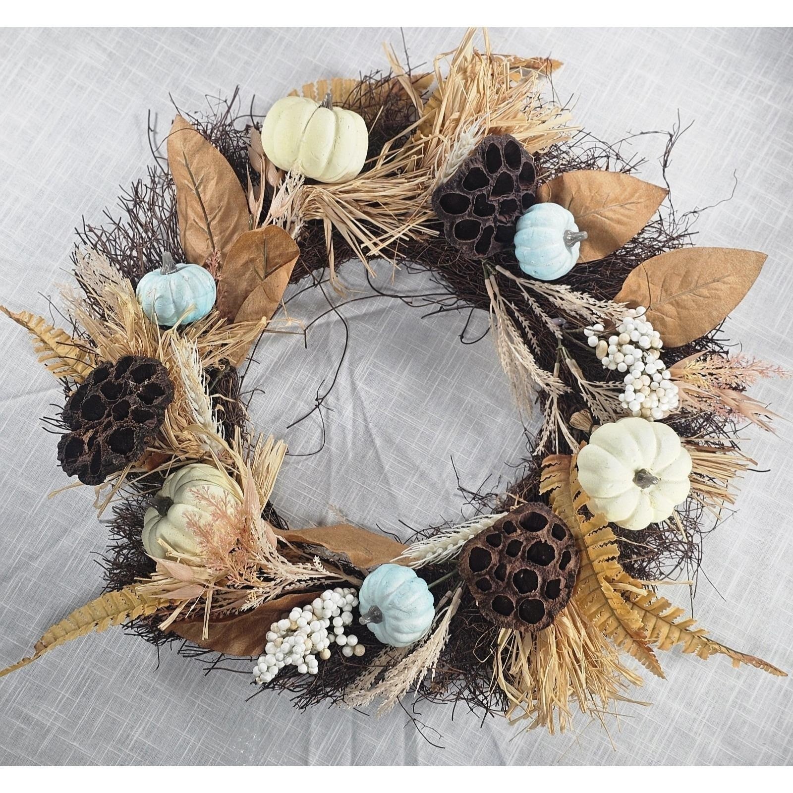 Rustic Fall Harvest Wreath With Pumpkins, Berries, Leaves Seasonal Decor