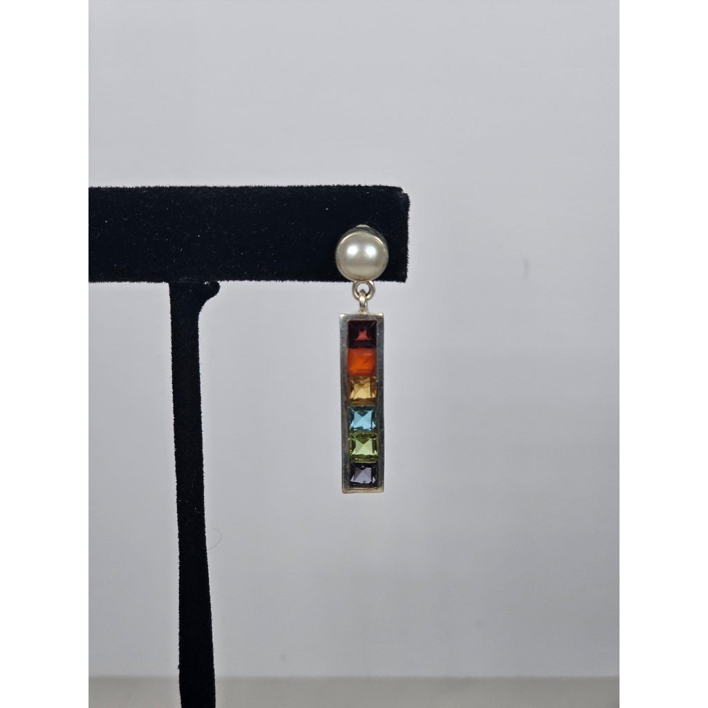 Vintage Rainbow Bar Drop Earrings with Pearl-Style Studs